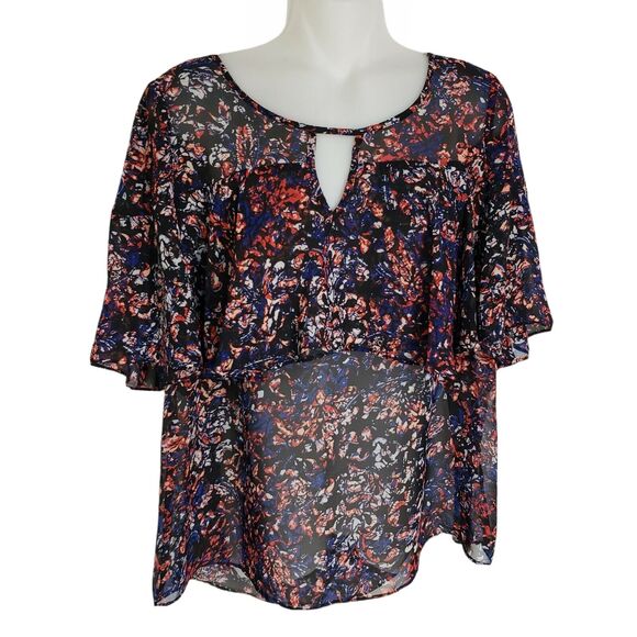Belle and Sky Women Top Size Medium Tiered Short Sleeve Sheer Multicolor Keyhole - Picture 1 of 10